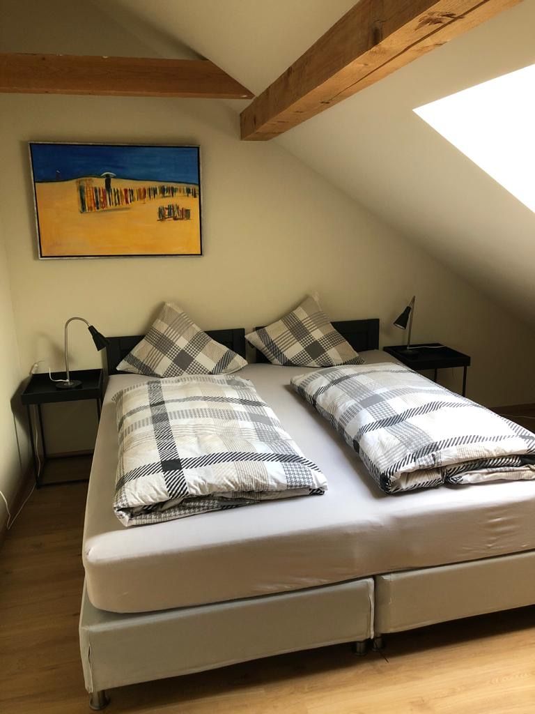 A bedroom with a loft-style ceiling, a bed with a checkered duvet, a nightstand with a lamp, and a painting on the wall.
