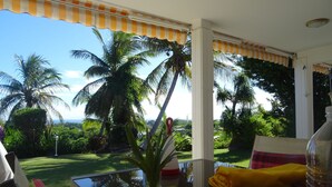 Una habitación con vista a palmeras y un área verde.
