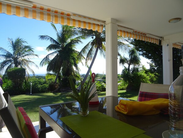 A room with a view of palm trees and a grassy area.