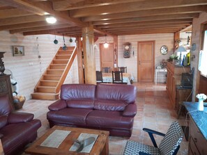 Télévision, cheminée, lecteur de DVD, livres