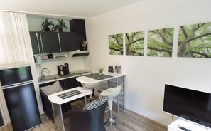 Kühlschrank, Mikrowelle, Herdplatte, Wasserkocher mit Kaffee-/Teezubehör