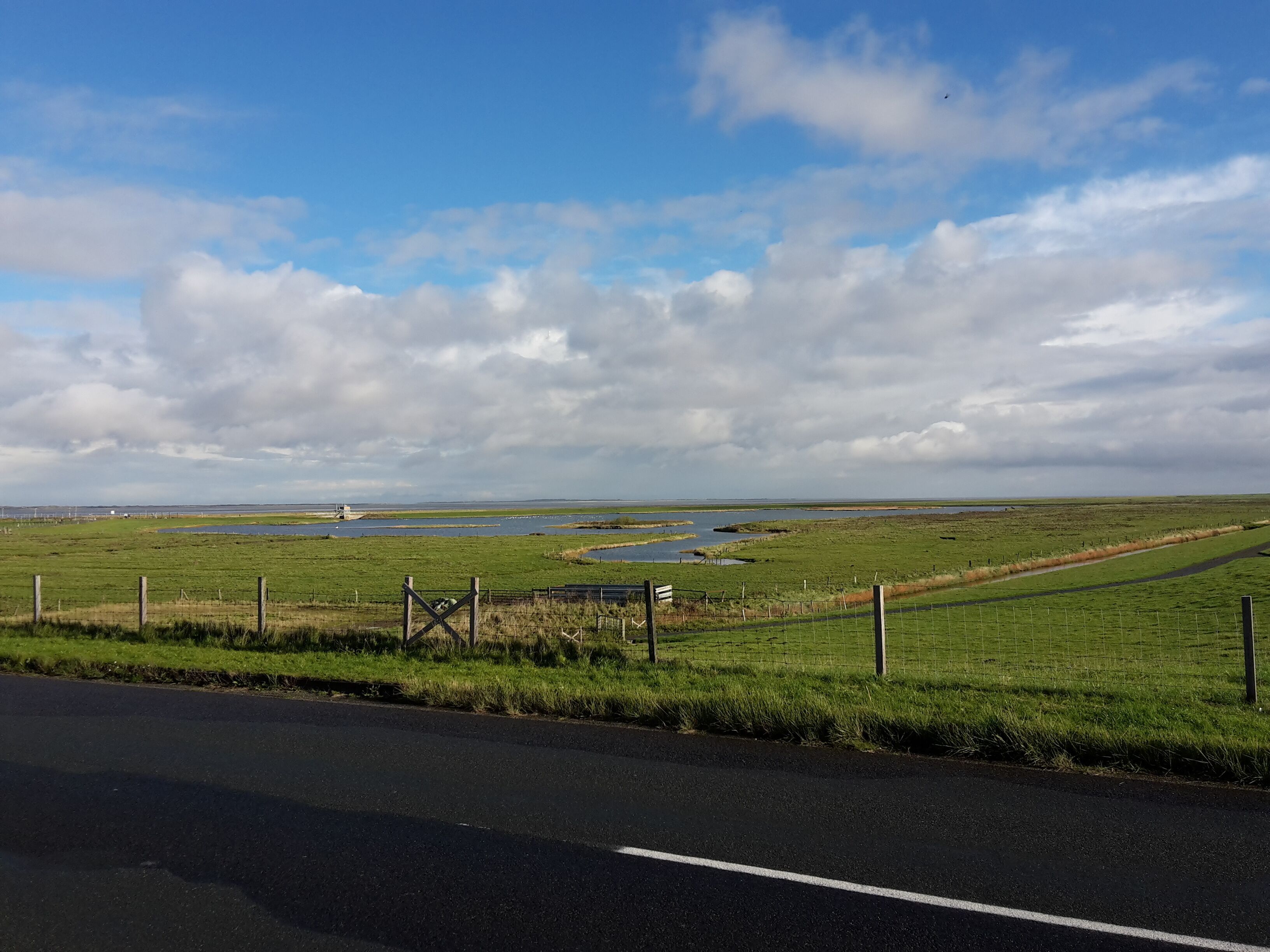 A rural landscape with a road, grassy fields, and a body of water.