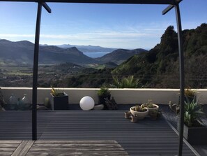 Eine Holzterrasse mit Blumentöpfen und einem weißen, kugelförmigen Objekt.