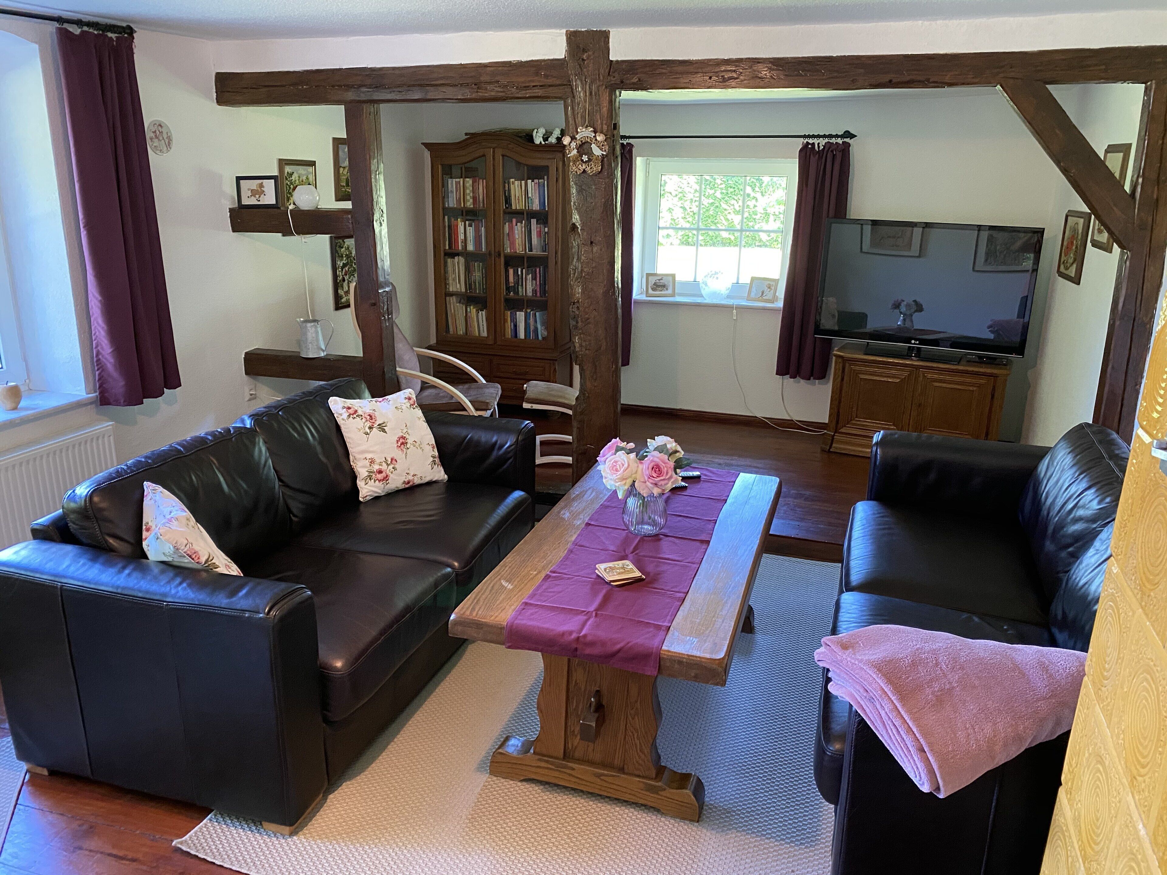 Tv, eldstad, böcker och ett musikbibliotek