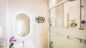 Douche, sèche-cheveux, serviettes fournies, savon