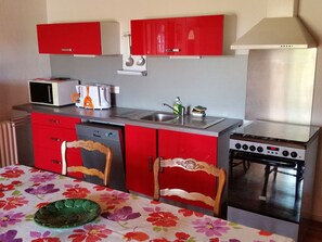 Fridge, microwave, dishwasher, coffee/tea maker