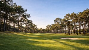 A golf course with a well-maintained fairway, sand bunkers, and tall pine trees lining the sides. - Exclusive gallery apartment overlooking the golf course / beach (Charneca de Caparica)