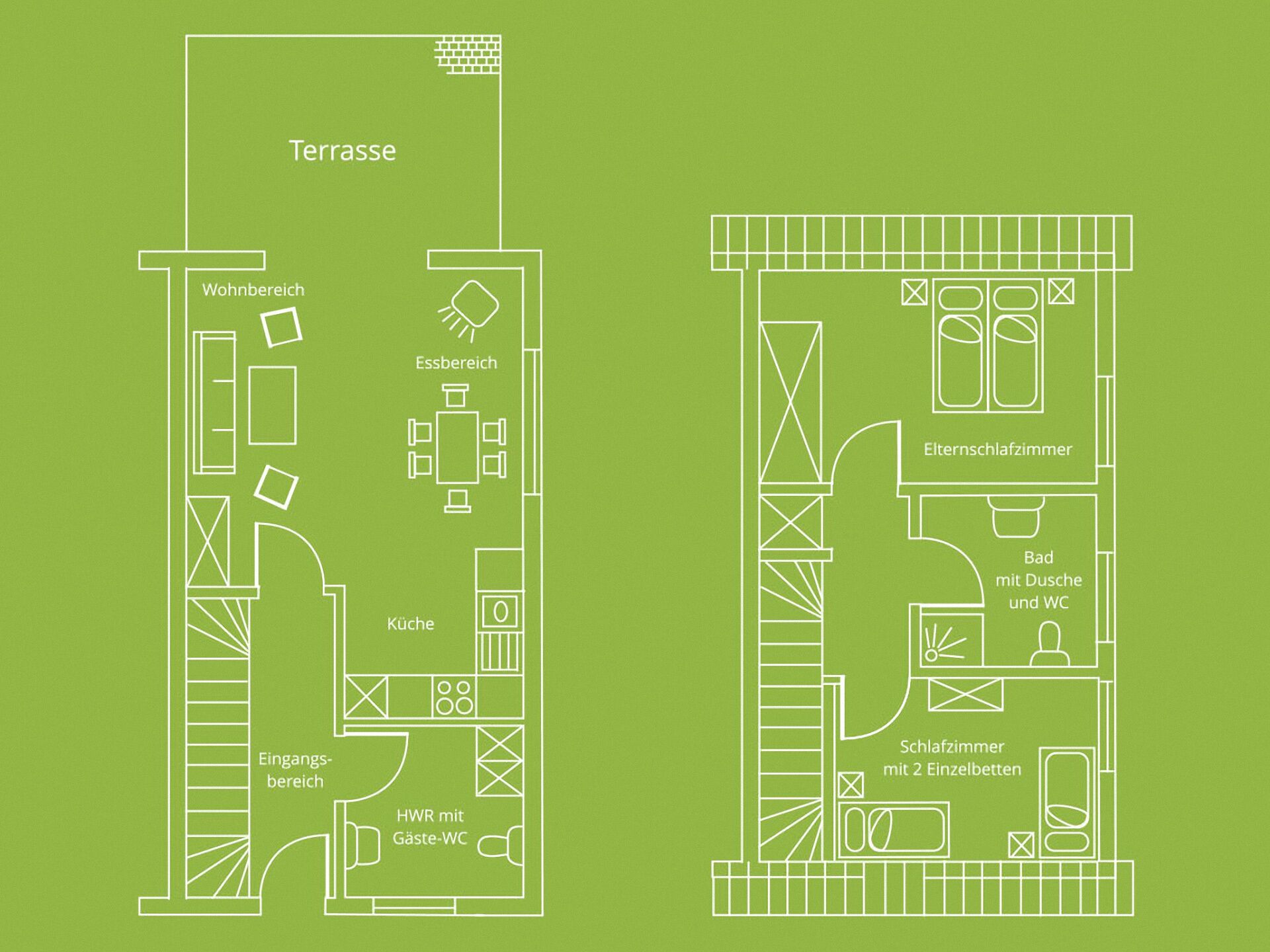A hotel layout with a terrace, living area, kitchen, dining room, and two bedrooms.