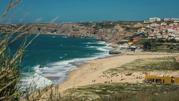 Une ville côtière avec une plage, des falaises et des bâtiments.