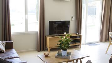 Télévision, lecteur de DVD, table de tennis de table, livres