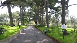A paved pathway flanked by trees and grass, leading to a gated entrance. -  Pool, whirlpool, garden, internet WiFi close to Rome. Relax and rest. (Monte Migliore-la Selvotta)
