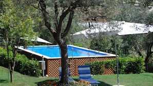 A swimming pool with a blue deck, surrounded by a wooden fence, and a tree in the foreground. -  Pool, whirlpool, garden, internet WiFi close to Rome. Relax and rest. (Monte Migliore-la Selvotta)