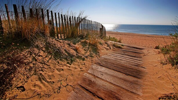 A sandy beach path with wooden planks leading to the sea, surrounded by dry vegetation and a wooden fence. - For rent; villa in the center of a resort, quiet area in Valras Beach (Valras-Plage)