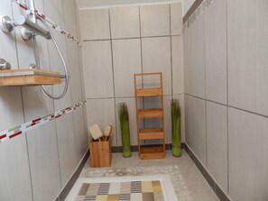 Shower, hair dryer, towels