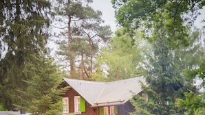 A wooden cabin with a green door, surrounded by trees and a fire pit in the foreground.