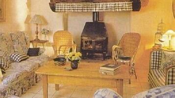 Télévision, cheminée, livres