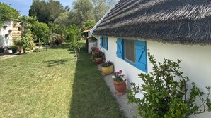 A traditional house with a thatched roof, a well-maintained lawn, and potted plants along the pathway.