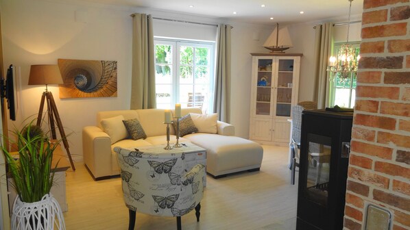 Fernseher, Kamin, DVD-Player, Bücher