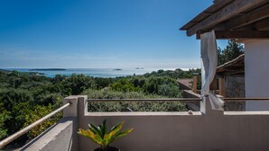 A balcony with a view of the sea and greenery.
