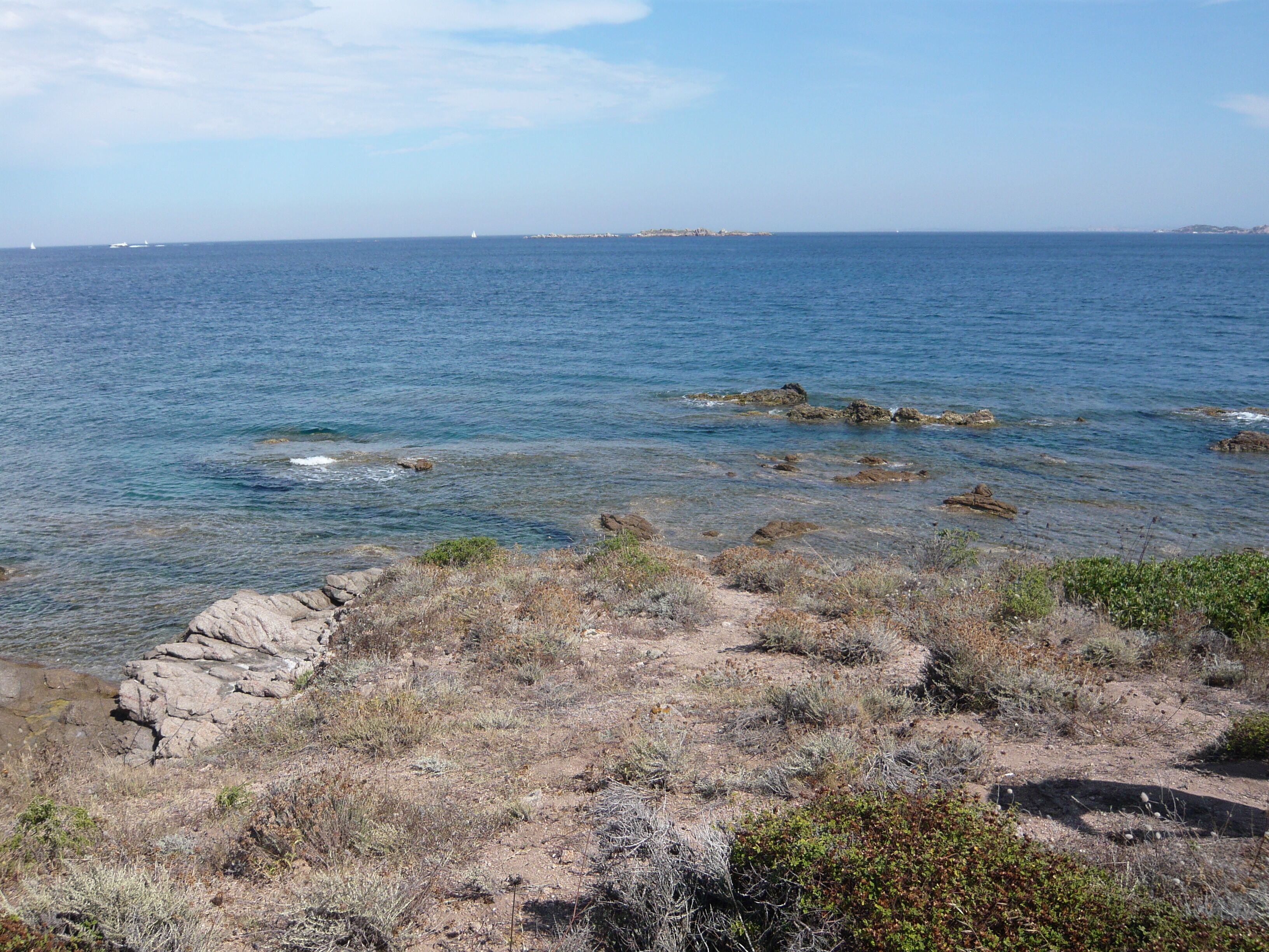 Un paisaje costero con terreno rocoso y una vista despejada del mar.
