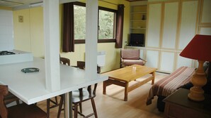 Un ambiente compatto con angolo cottura, tavolo da pranzo, divano e televisione.
