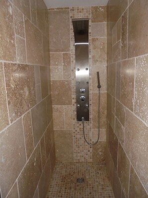 Regadera, secadora de cabello, papel de baño 