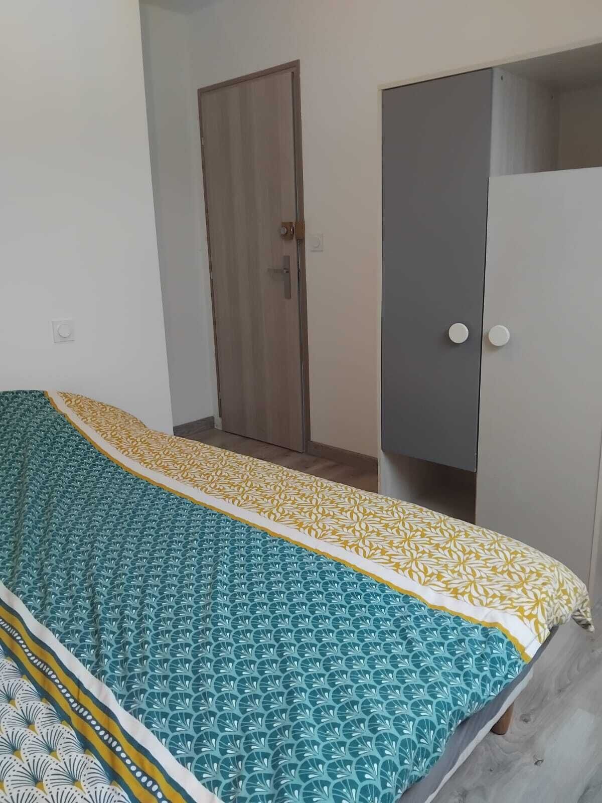 A bedroom with a bed, a wardrobe, and a door.