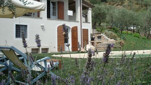 A white villa with a stone fireplace, a balcony, and a garden with lavender.