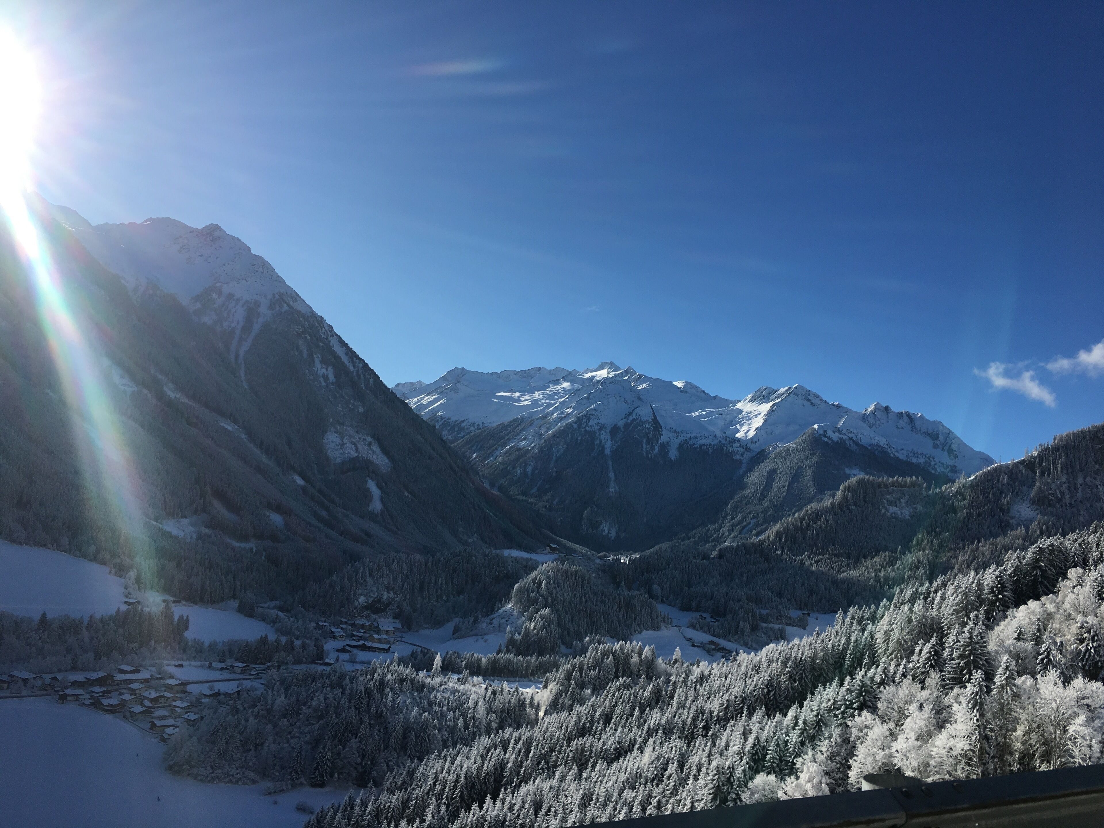 A mountainous landscape with snow-covered trees and a clear sky.
