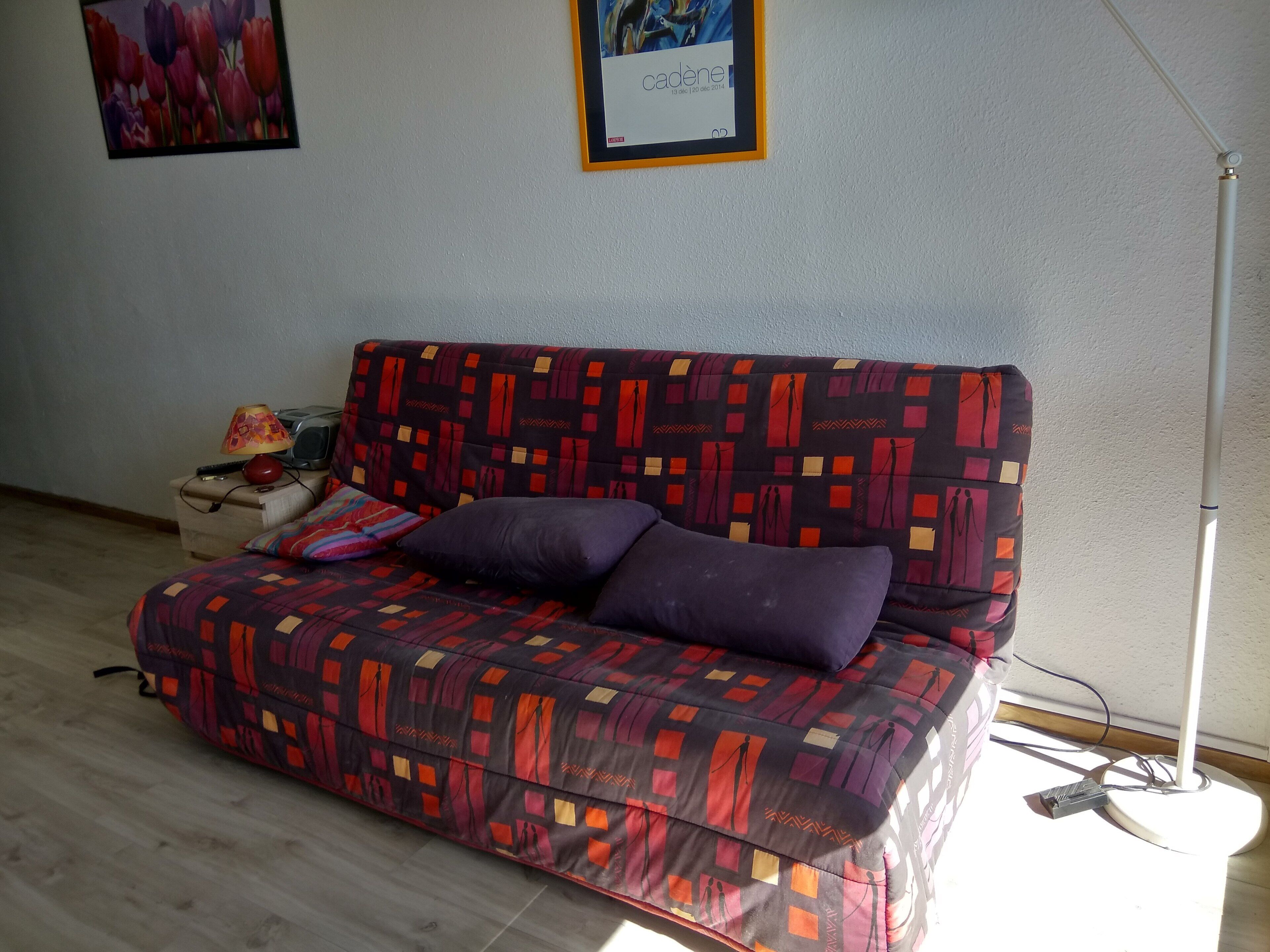 Una habitación con un sofá estampado, una lámpara, un cuadro enmarcado en la pared y una lámpara de pie.