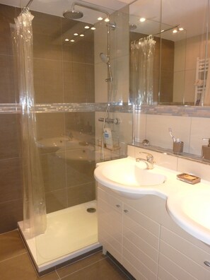 Combined shower/tub, hair dryer, towels, soap