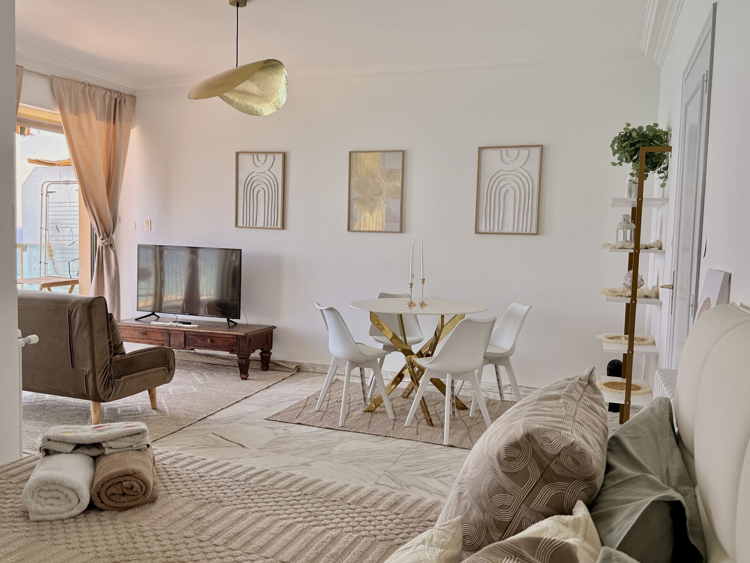 A modern living room with a flat-screen TV, a dining table with chairs, a sofa, a coffee table, and a decorative plant.