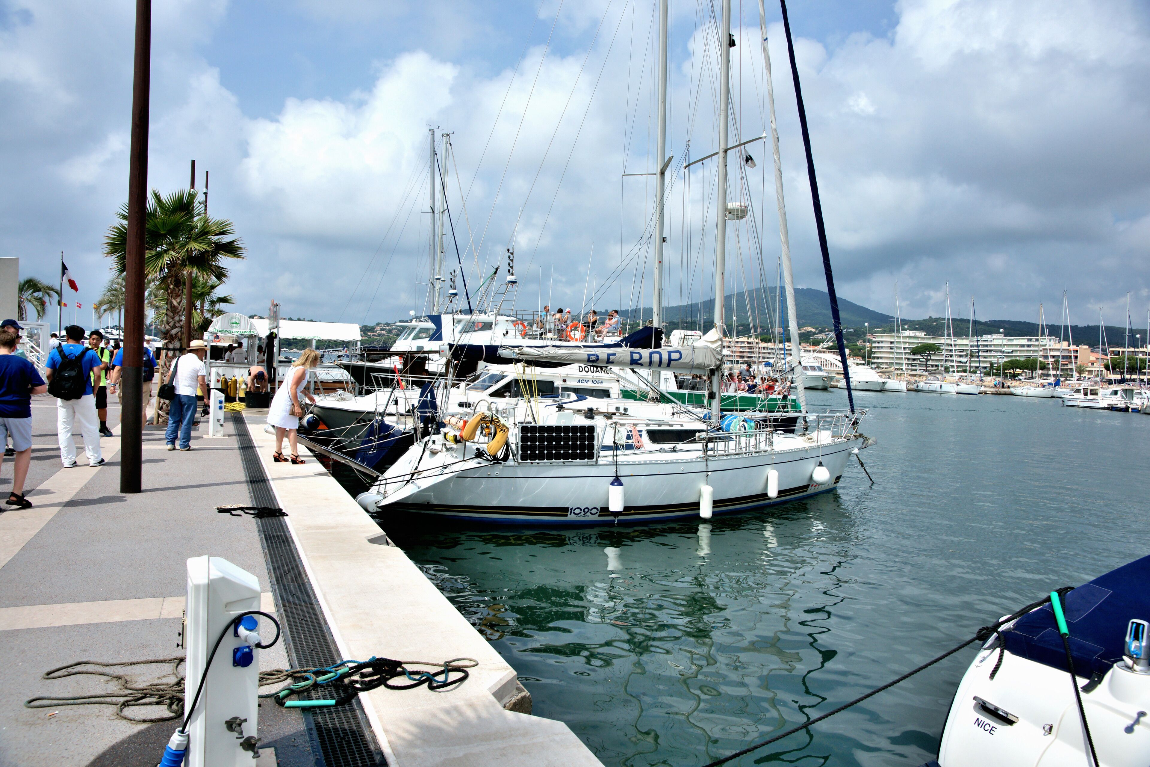 Ein Yachthafen mit mehreren Segelbooten, einem Fußweg und freiem Blick auf das Wasser.