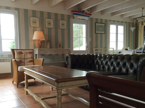 TV, fireplace, books