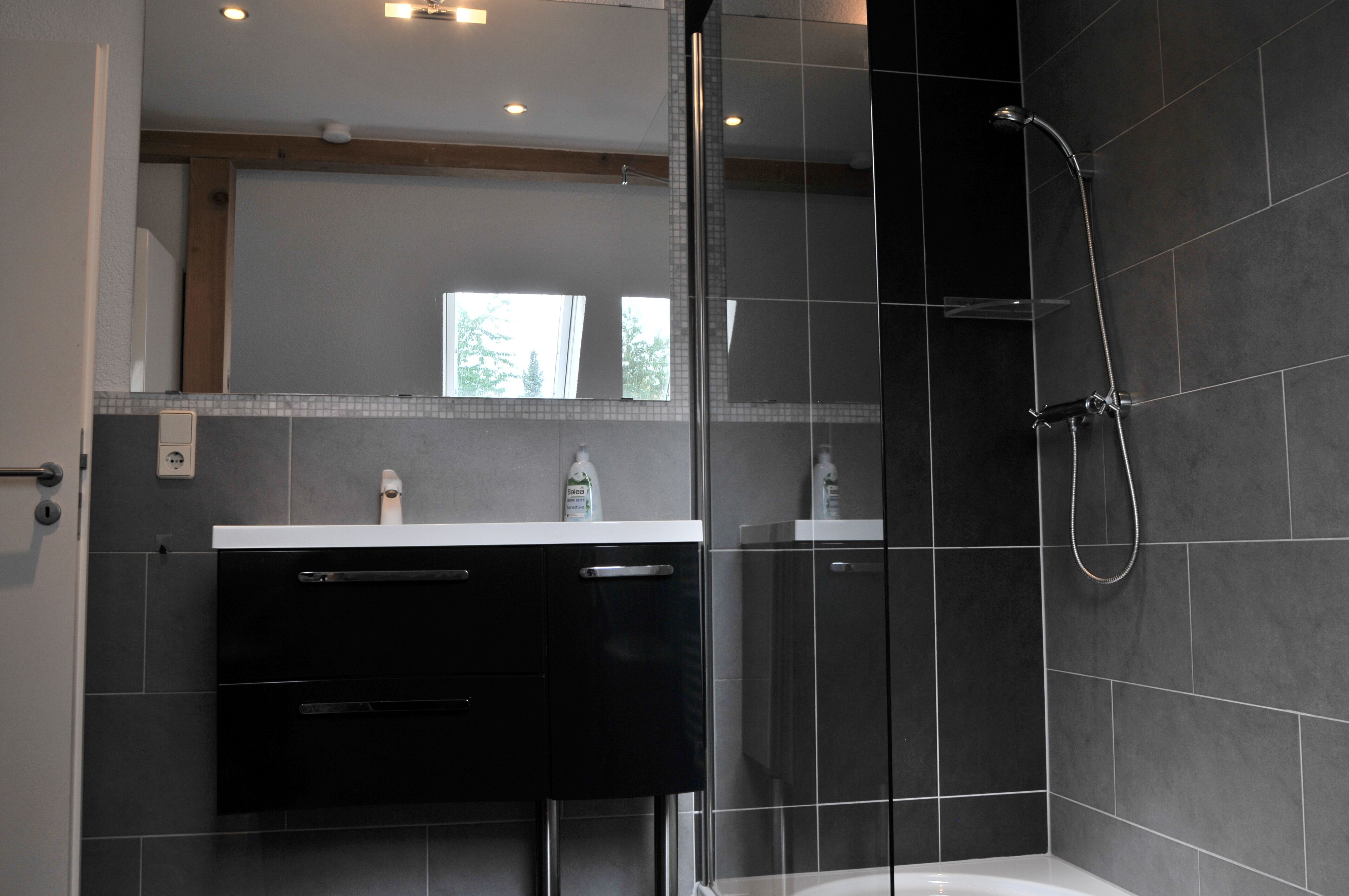 Bathtub, hair dryer, towels, toilet paper