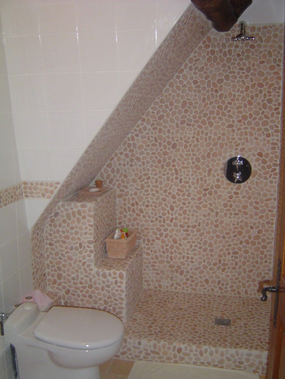 Un baño con inodoro blanco, ducha de mosaicos y un pequeño estante con artículos de aseo.