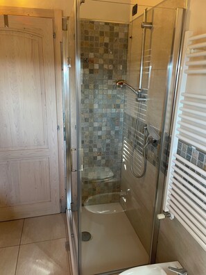 Een douche, een haardroger, een bidet, handdoeken