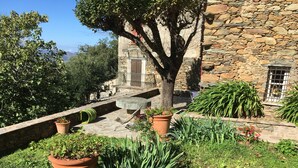 A stone building with a balcony, potted plants, and a view of the landscape. - traditional stone village house (Olmeta-Di-Tuda)