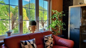 A red leather sofa with patterned cushions, a large window with multiple panes, and two potted plants.
