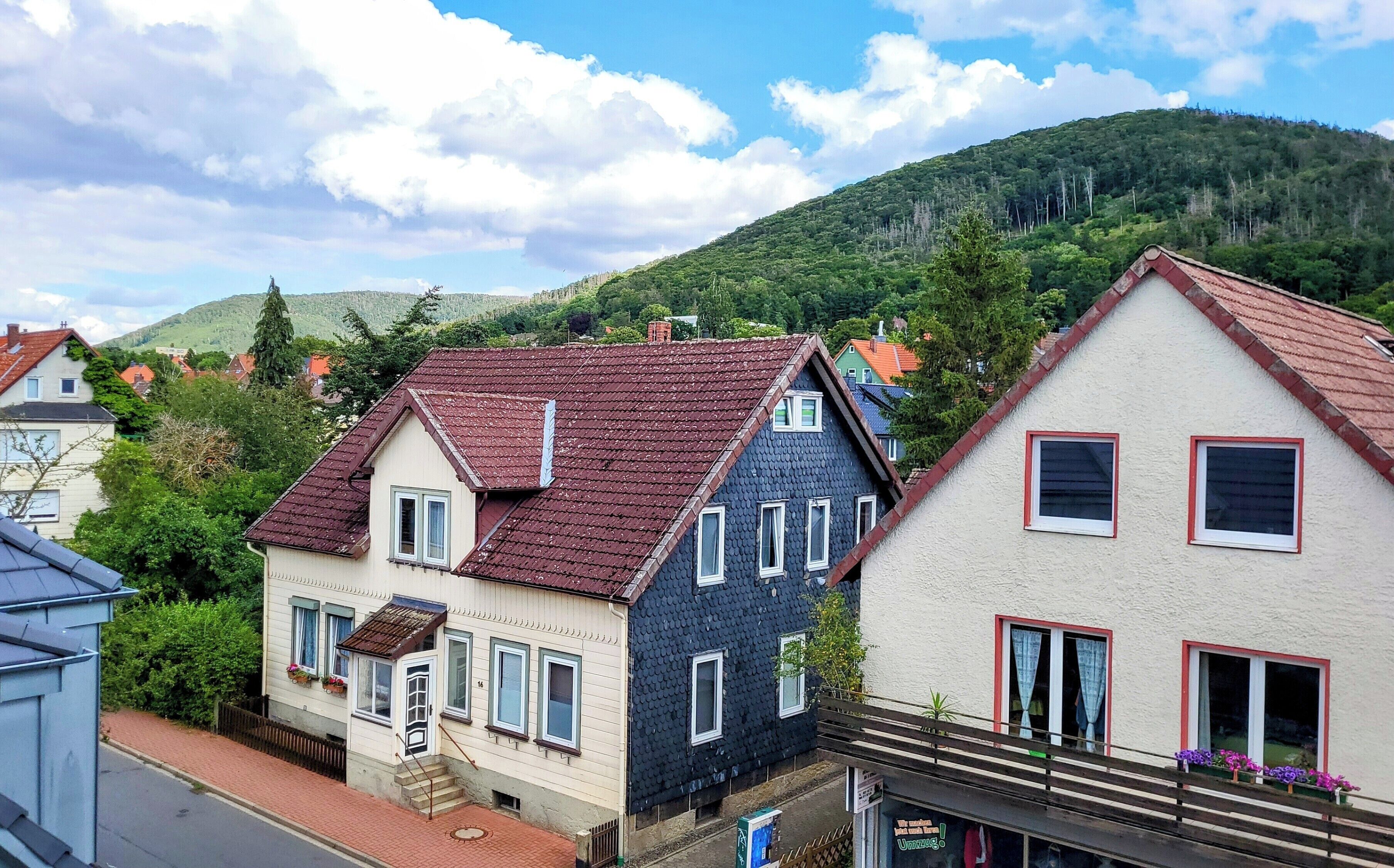 A row of traditional European houses with pitched roofs, a street in front, and a hill in the background.