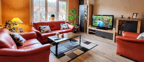 Smart-tv, dvd-spelare, böcker och ett musikbibliotek