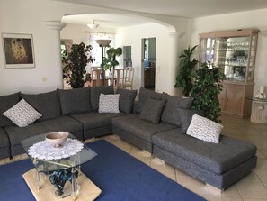 TV, caminetto, libri, impianto stereo