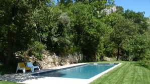 Ein rechteckiger Swimmingpool mit einer Steinmauer und einer Rasenfläche.
