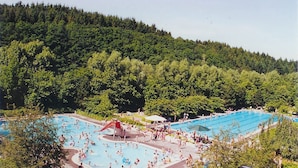 Une grande piscine extérieure entourée d’une végétation luxuriante et bordée d’une colline boisée.