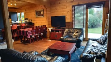 Televisión, chimenea, reproductor de DVD y estéreo