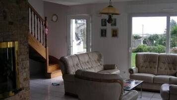 Televisie, een open haard, videospelletjes en een dvd-speler