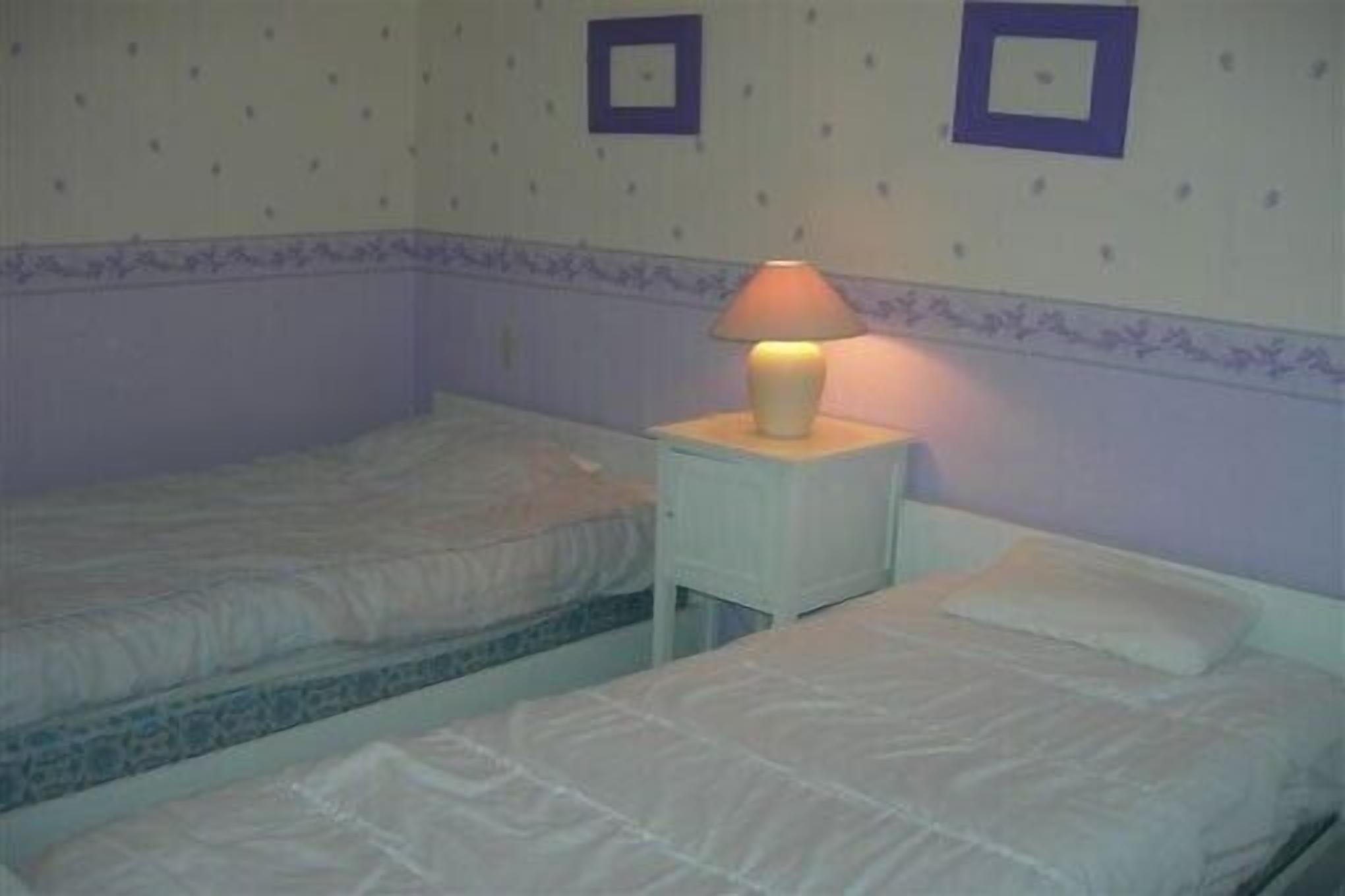Een slaapkamer met twee bedden, een nachtkastje met een lamp, en behang met een patroon.