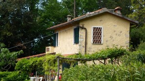 A rustic house with a stone facade, green shutters, and a vine-covered trellis. - Rustico in a panoramic position, terrace with sea view. (Pietrasanta)