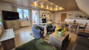 Smart TV, fireplace, DVD player, books