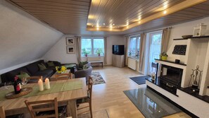 Smart TV, fireplace, DVD player, books